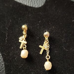 Gold and Cream Dangle Earrings